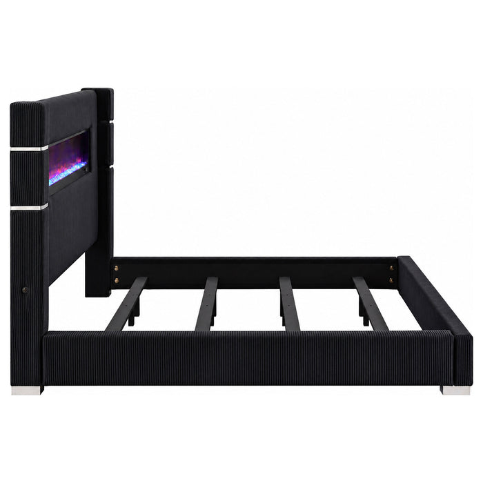 Black upholstered Cal King flame visualizer bed from CoasterEveryday with padded headboard and modern furniture design.