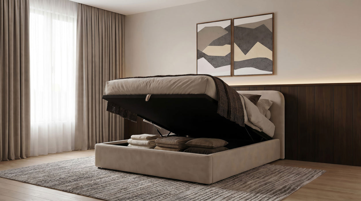 Anders Upholstered Full Storage Lift Platform Bed Beige