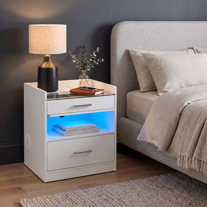 White Furda 2-drawer LED nightstand with speaker, high gloss finish, modern furniture piece by CoasterEveryday