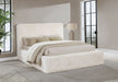Cream Rebecca Faux Fur Upholstered California King Bed by CoasterEveryday with plush fabric and elegant headboard design.