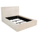 Cream Rebecca faux fur upholstered California king bed with tufted headboard and wooden legs, stylish bedroom furniture.