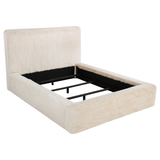 Cream Rebecca faux fur upholstered California King bed with tufted headboard and wooden legs, modern furniture by CoasterEveryday.