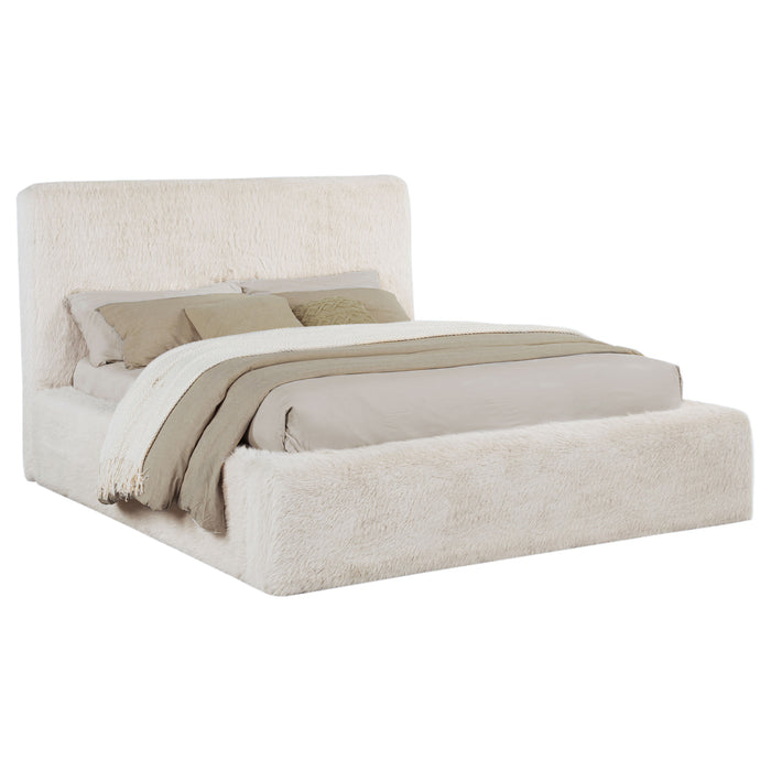 Cream Rebecca Faux Fur Upholstered California King Bed by CoasterEveryday, featuring plush faux fur fabric and elegant furniture design.