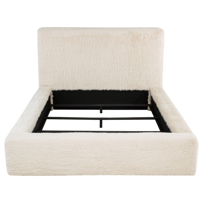 California King Bed with cream faux fur upholstery and upholstered headboard, modern furniture by CoasterEveryday.