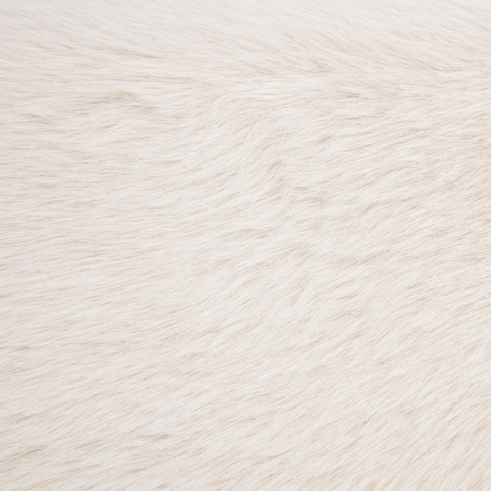 Rebecca faux fur upholstered California King bed in cream with a tufted headboard and wooden legs, stylish furniture for modern bedrooms.