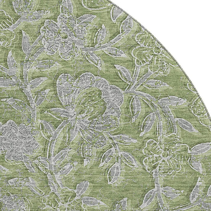 8' Floral Washable Round Rug With UV Protection - Olive Green And Gray