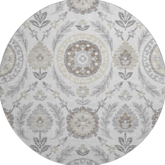 8' Floral Washable Round Rug With UV Protection - Silver And Beige