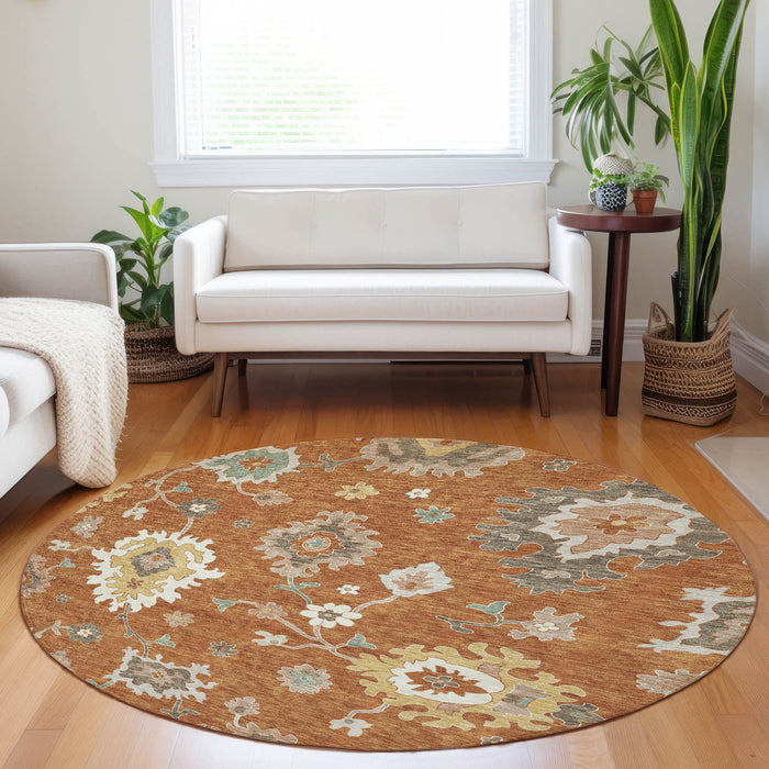 8' Floral Medallion Washable Round Rug With UV Protection - Rust