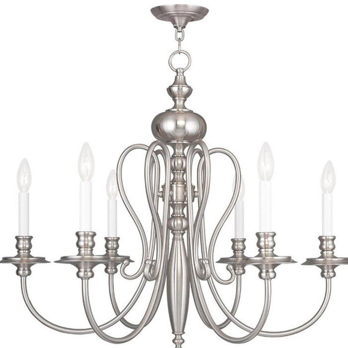 HomeRoots 24-inch six-light dimmable chandelier with pearl silver shades and nickel finish, featuring elegant lighting design.
