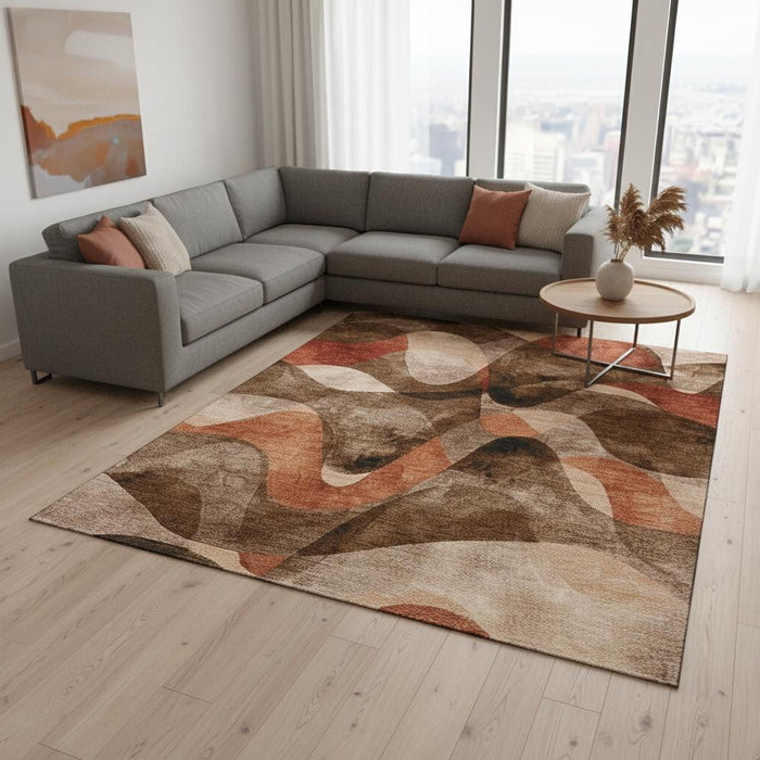 9' X 12' Abstract Washable Area Rug With UV Protection (648069) - Chocolate / Beige / Copper