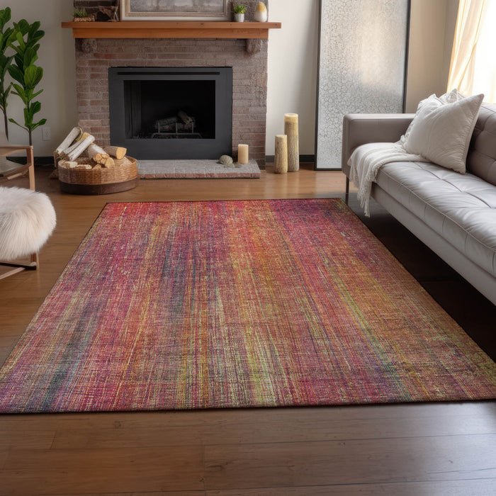 9' X 12' Striped Washable Area Rug With UV Protection - Red
