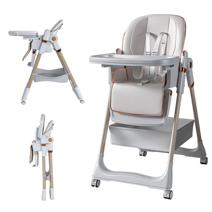 Giga adjustable baby high chair with safety belt, portable infant feeding seat, silent lockable wheels, suitable for 0-6 years.