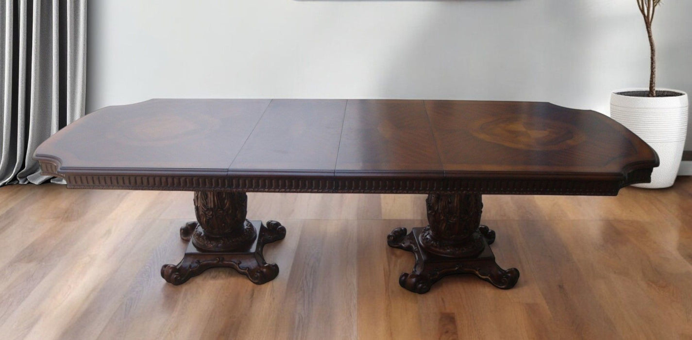 136" Solid Wood And Solid Manufactured Wood Double Pedestal Base Dining Table - Brown