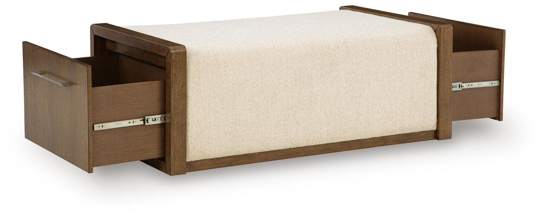 Brown upholstered storage ottoman by Signature Design by Ashley®, featuring a cushioned top and hidden storage space.