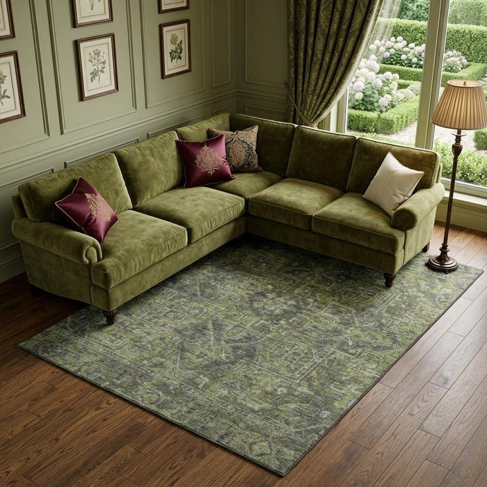 8' X 10' Medallion Distressed Washable Area Rug With UV Protection (649742) - Green / Gray