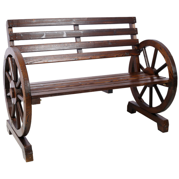 Rustic Giga country 2-person wooden wagon wheel bench with slatted seat and backrest in brown, showcasing handcrafted design.
