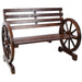 Rustic Giga country 2-person wooden wagon wheel bench with slatted seat and backrest in brown, showcasing handcrafted design.