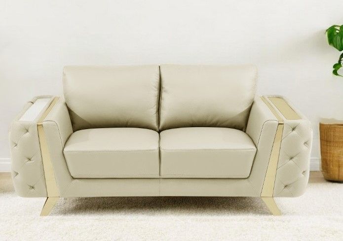 Genuine Leather Loveseat - Beige / Gold