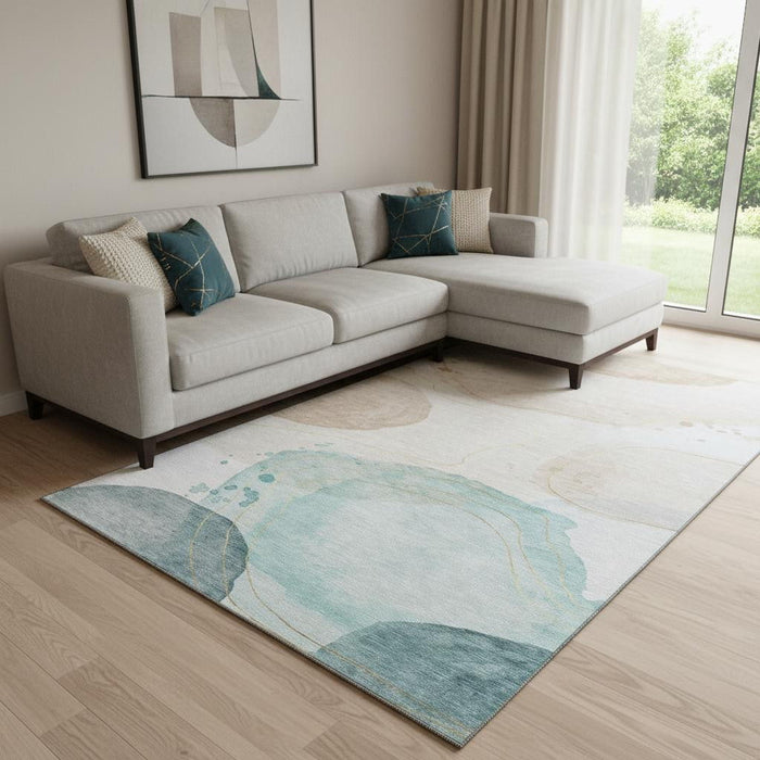 10' X 14' Abstract Washable Area Rug With UV Protection (648460) - Beige / Ivory / Teal
