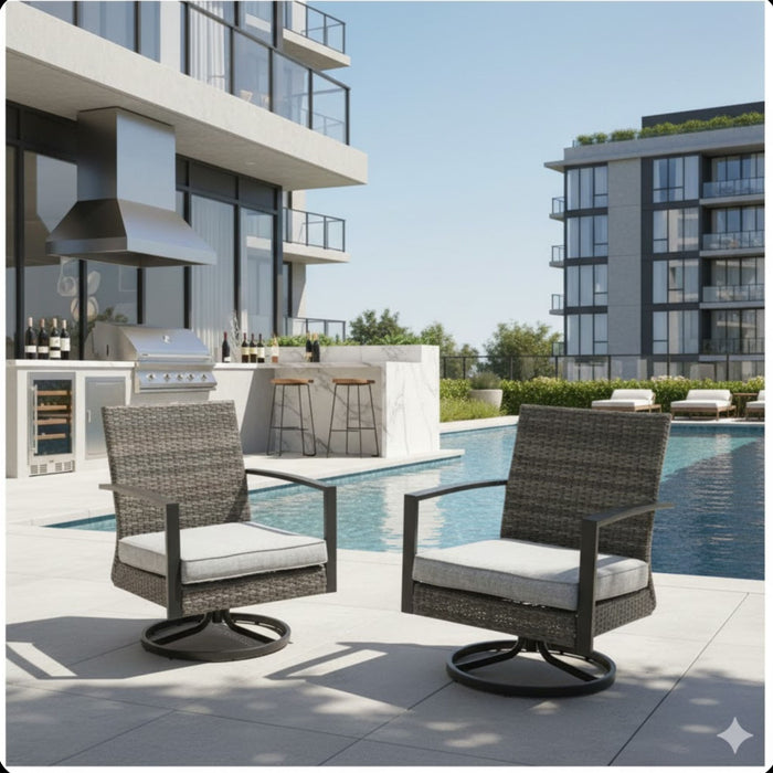 Set of two Giga swivel rocker patio chairs with gray cushions, all-weather design, perfect for outdoor relaxation.