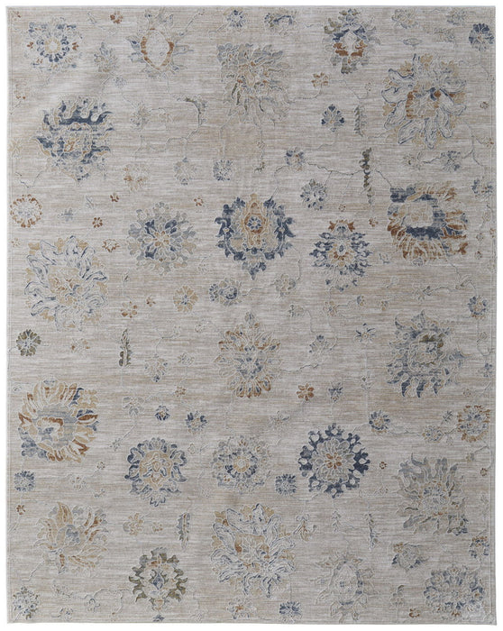 7.8' x 10.3' Floral Power Loom Worn Faded Area Rug With Fringe - Ivory Taupe And Blue