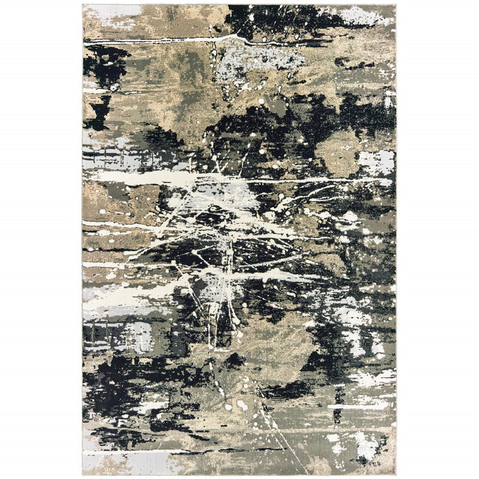 10' x 13' Abstract Power Loom Stain Resistant Area Rug - Black Gold Gray And Ivory