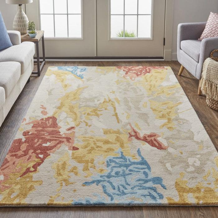 9' x 12' Wool Abstract Tufted Handmade Stain Resistant Area Rug - Ivory Yellow And Blue