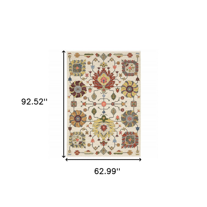 5' x 8' Oriental Power Loom Stain Resistant Area Rug With Fringe - Ivory Yellow Rust Green Gray Pink Orange Blue And Gray