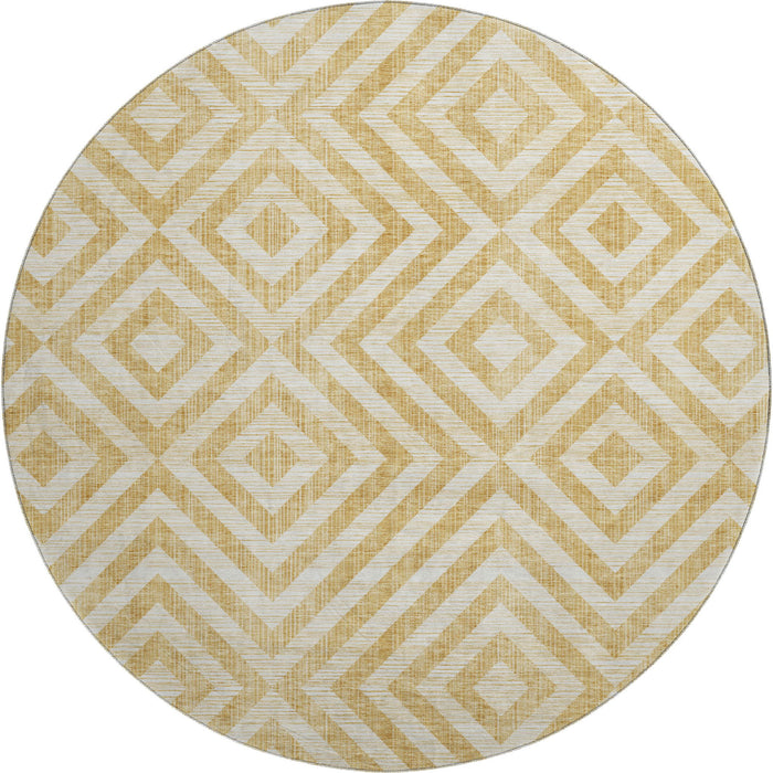 8' Geometric Washable Polyester Round Rug With UV Protection - Gold And Ivory
