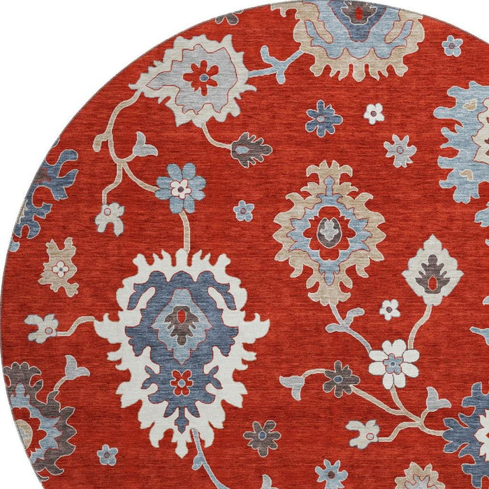 8' Floral Medallion Washable Round Rug With UV Protection - Red