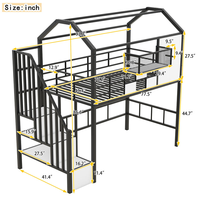 Giga metal loft bed with roof design, storage box, guardrails, and integrated ladder, ideal for space-saving bedrooms