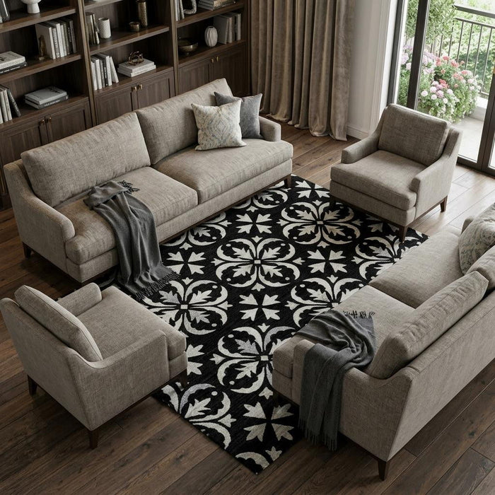 10' X 14' Floral Washable Area Rug With UV Protection (673909) - Black / Ivory