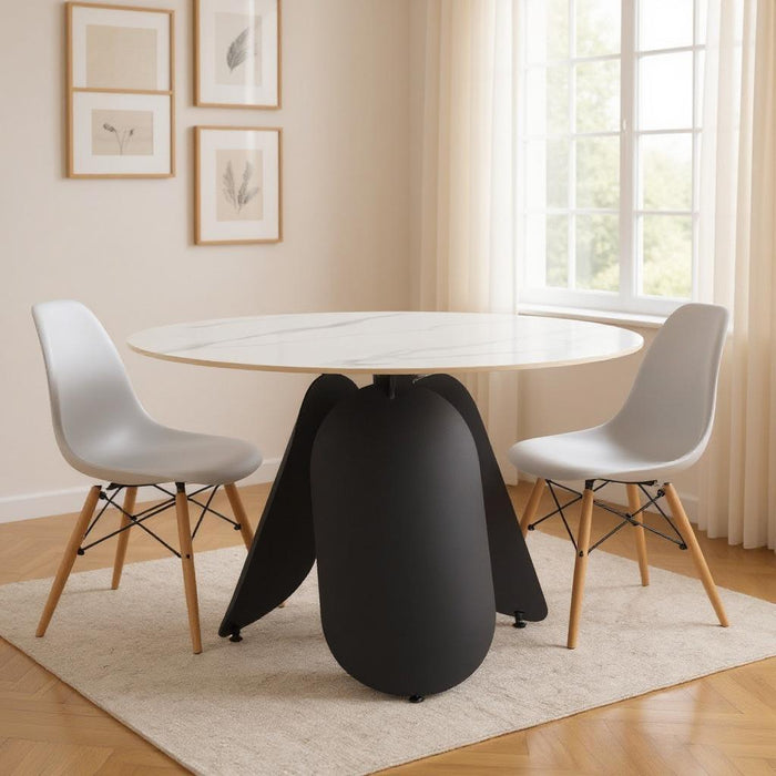 48" Faux Marble And Steel Pedestal Base Round Top Dining Table - White