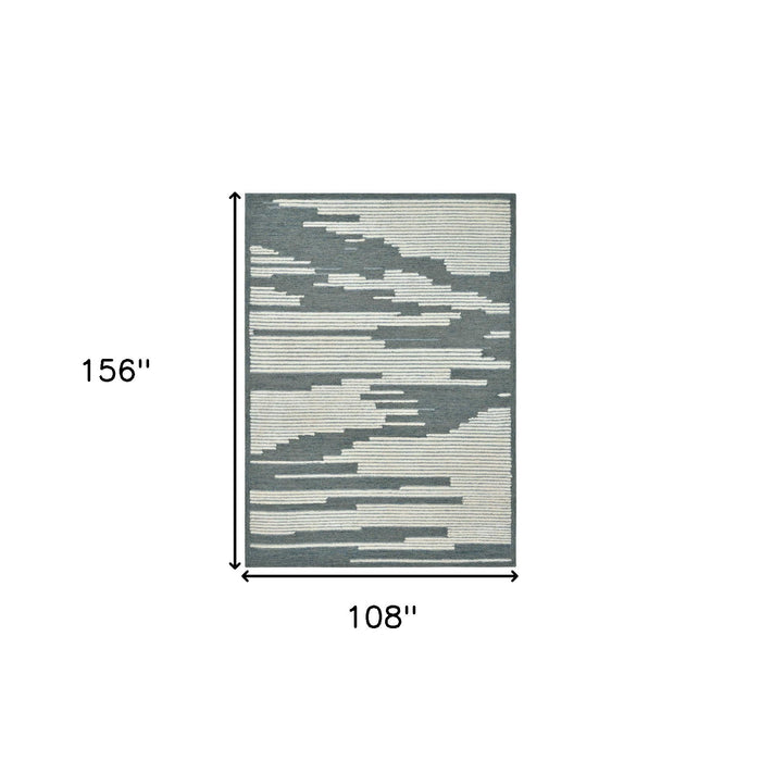 9' X 13' Wool Abstract Hand Hooked Area Rug - Blue And Ivory