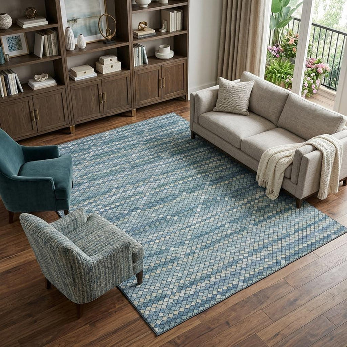 10' X 14' Geometric Washable Area Rug With UV Protection (693684) - Denim Blue / Ivory / Teal