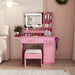 Pink Giga vanity set with LED mirror lights, 3 drawers, 7 shelves, and storage stool, featuring a power outlet charging station.