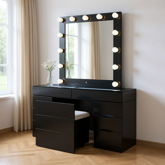 Black 62-inch wood and glass vanity set with six drawers, mirror, seating, and built-in lights by HomeRoots.