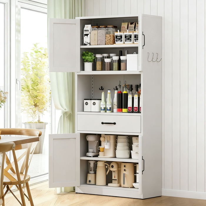 White Giga accent kitchen pantry cabinet with adjustable shelves, drawers, hooks, and a large countertop.