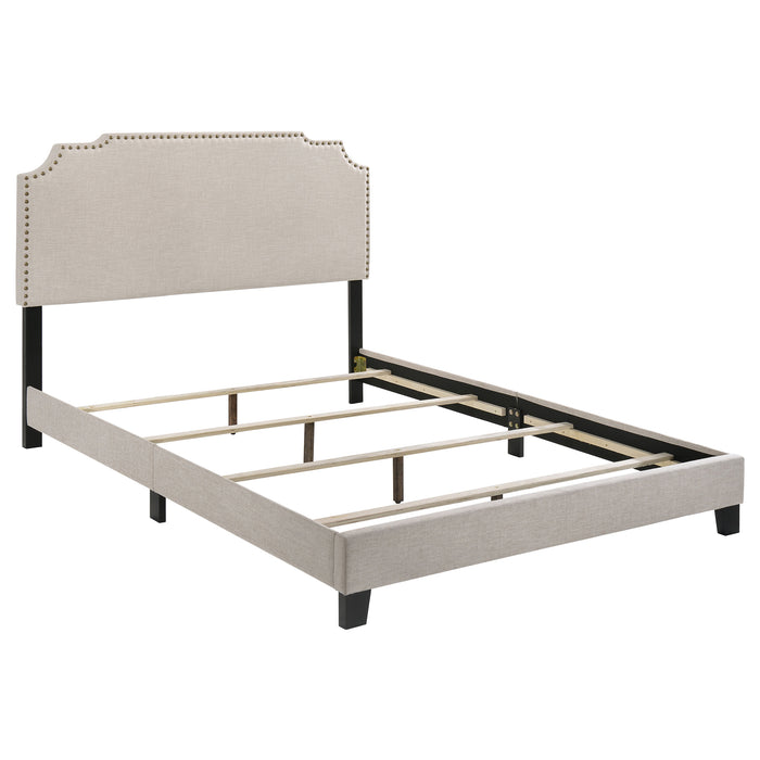 Beige upholstered Tamarac queen panel bed by CoasterEveryday with a padded headboard and sleek wooden frame.