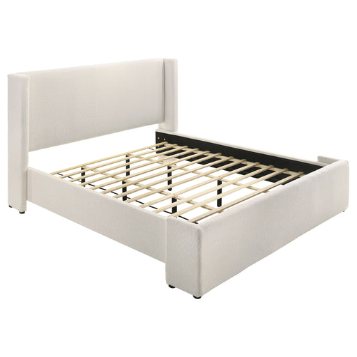 White Alamosa Boucle Upholstered Eastern King Platform Bed by CoasterEveryday with plush fabric and modern design.
