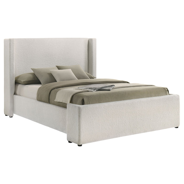 White Alamosa Boucle Upholstered Queen Wingback Bed by CoasterEveryday with tufted headboard and elegant winged sides.