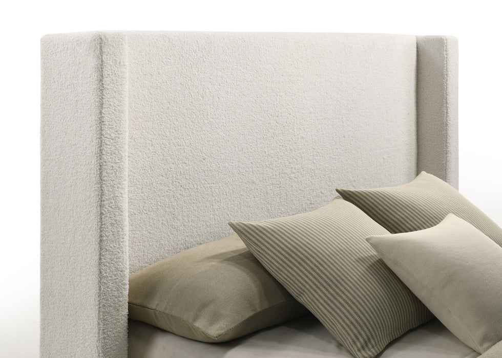 White Alamosa Boucle Upholstered Queen Wingback Bed by CoasterEveryday with tufted headboard and elegant wingback design.