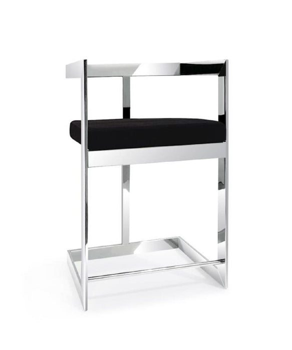 Velvet And Stainless Steel Low Back Counter Height Bar Chair - Black And Silver