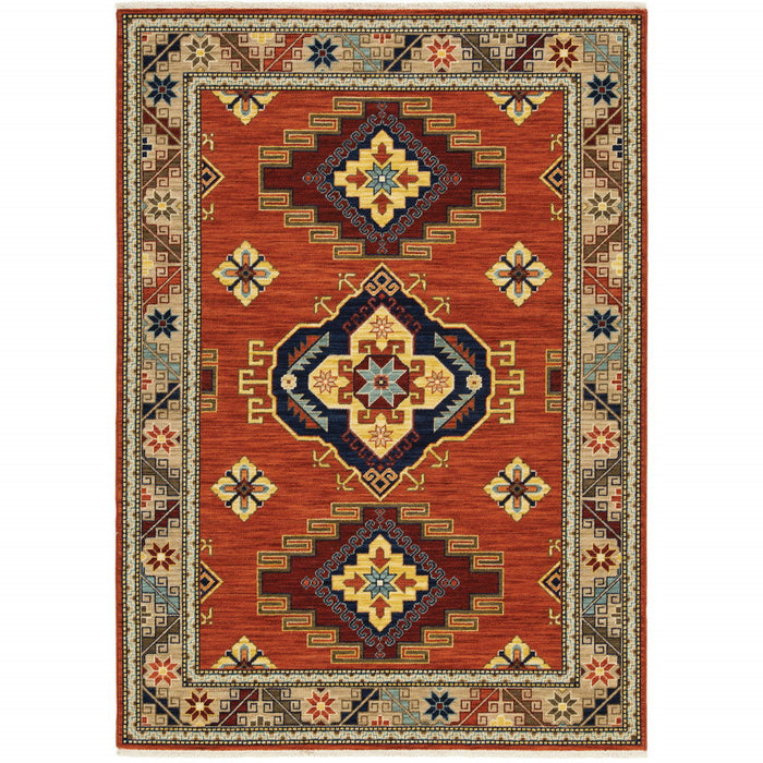 10' x 13' Oriental Power Loom Stain Resistant Area Rug With Fringe - Red Gold Blue Brown