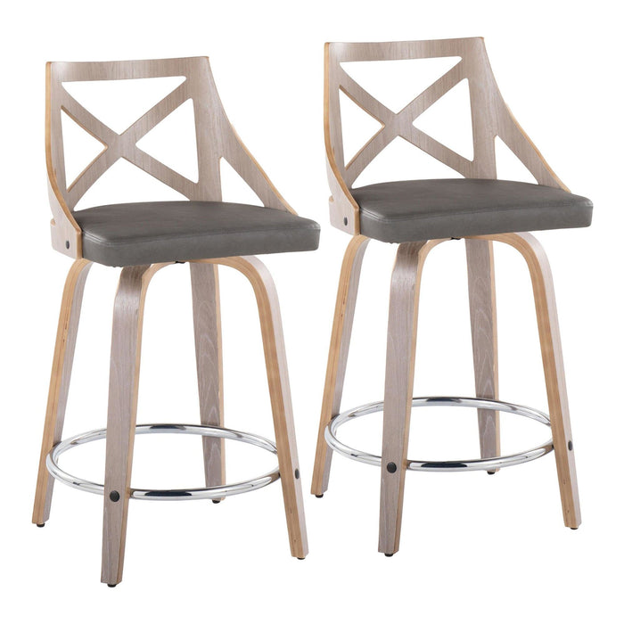 Charlotte - 24" Fixed-Height Counter Stool (Set of 2) - Light Gray Wood, Gray Faux Leather, Chrome Metal