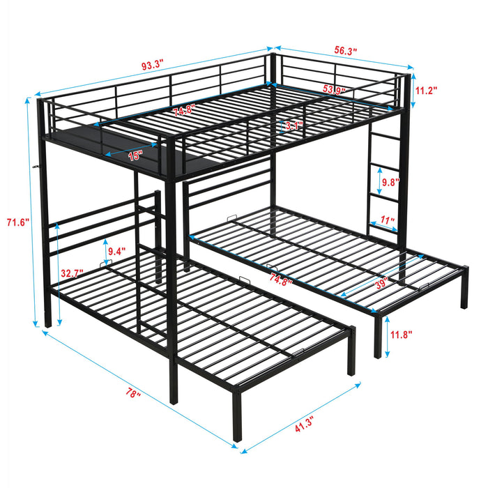 Black metal triple bunk bed by Giga with vertical ladder, safety rail, and storage shelf, designed for space-saving bedroom sleep setup.