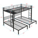 Black metal triple bunk bed by Giga with vertical ladder, safety rail, and storage shelf, designed for space-saving bedroom sleep setup.