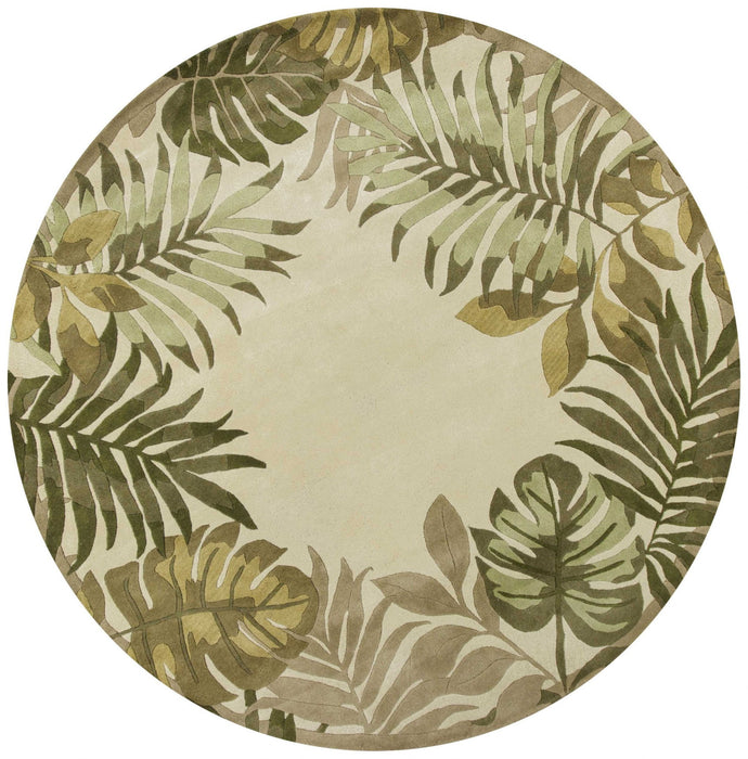 8' Hand Tufted Bordered Tropical Leaves Round Indoor Area Rug - Ivory