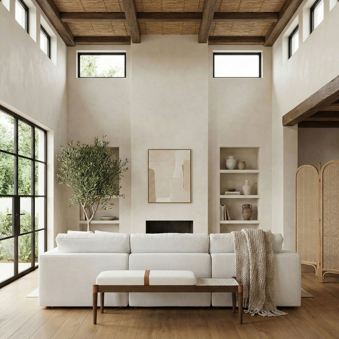 Nara - Linen Textured Fabric Upholstered Bench - Painted Brown Walnut