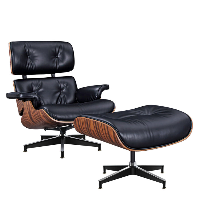 Black 28-inch tufted genuine leather lounge chair with matching ottoman, stylish stationary chair by HomeRoots with rosewood accents.